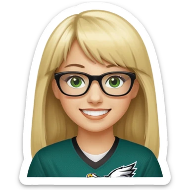 long blonde hair with bangs black glasses female green eyes football player wearing eagles jersey number 33 sticker