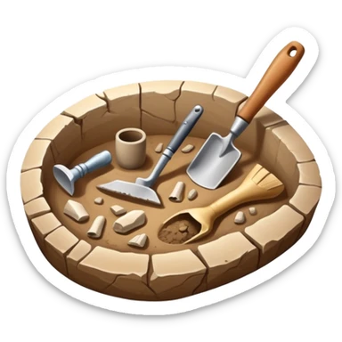 An icon featuring an excavation site with a trowel and ancient artifacts, like pottery and bones, scattered around. The design includes a partially uncovered fossil and a digging brush, symbolizing the discovery of history through archaeology. Transparent background  sticker