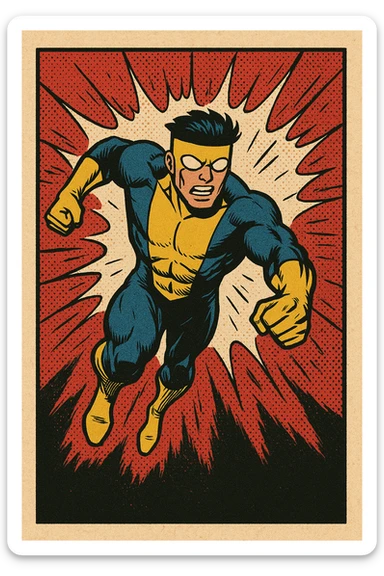 invincible superhero character wearing a blue and yellow suit, action scene, comic book style sticker