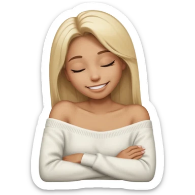 Mujer color de piel moreno claro, con cabello rubio largo, lacio y suelto, ojos negros, usando un suéter off shoulders blanco, sonriendo sin enseñar los dientes durmiendo  sticker