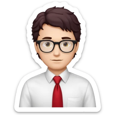 white man in white shirt, having red tie, black wavy hair, wearing glasses sticker