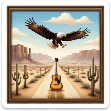 Icon for Country Music: Eagles band representation with classic acoustic guitars, a desert road, and an eagle soaring in the sky. Subtle vintage Americana aesthetics with warm tones, evoking the band's signature sound. Transparent background. sticker