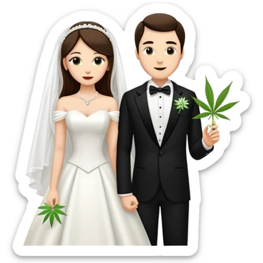 A bride in white wedding dress and groom in tuxedo, full body, sharing a cannabis joint, wedding couple sticker