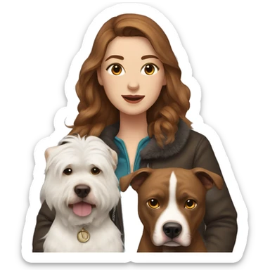 white woman with long brown hair in a furry jacket standing alongside a white pitbull with a brown patch around his eye sticker