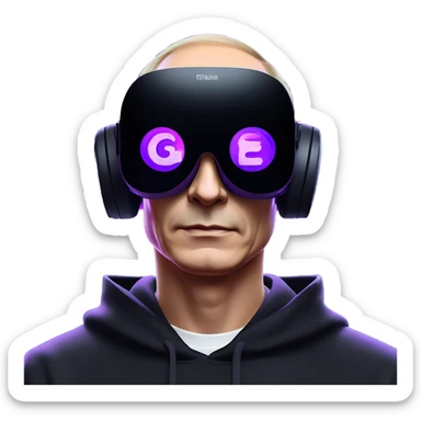 Vladimir Putin wearing a black hoodie with "OMG" letters on it and VR headset oculus quest 2 in a cyberpunk VR environment with violet neon lighting. sticker