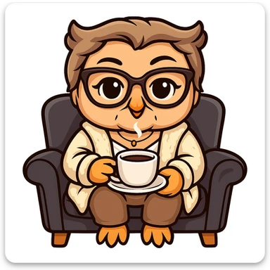 Create an illustration of an owl-girl with a face resembling the face in the provided photo references. The owl is drinking coffee while sitting in a chair. The style should emulate the cartoonish sticker style as closely as possible, since the original sticker style does not support editing. sticker