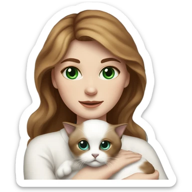 white woman with medium-length brown hair, green eyes and brown freckles on the face under the eyes, holding her sacre de birmanie kitten in her arms with much love, the baby cat has blue eyes, a lot of dark areas on ears and middle of the face. blue eyes sticker