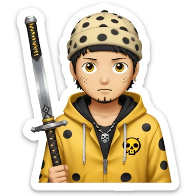 Trafalgar Law with spotted hat, yellow hoodie, nodachi sword sticker
