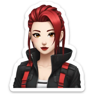 Gorgeous techwear anime style lady with blushing face aesthetic and pretty edgy black red punk hair with hair garment and collar  and harness trending style sticker