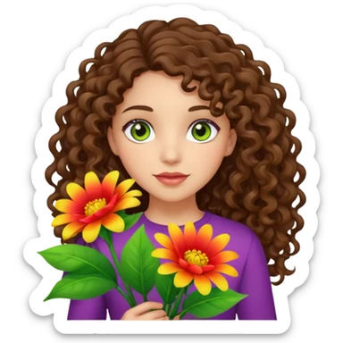 light skinned brunette long curly haired girl with green/hazel eyes holding big bright bunch of flowers. White background. sticker
