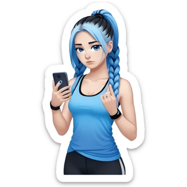 Broken hearted-Female-very very very large chest-texting on a samsung cell phone-very long straight braided black to sky blue hair ombre-blue eyes-black eyeliner-long eyelashes-sky blue low cut tank top with middle finger logo-white leggings-nike high top sneakers sticker