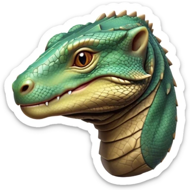 Cinematic Realistic Cute Komodo Dragon Portrait Emoji, Head tilted playfully and inquisitively, featuring a compact, robust build with finely detailed, textured scales in natural earthy hues and a characteristically alert face with bright, curious eyes, rendered with lifelike clarity, high shine, affectionate and surprisingly endearing, styled with a touch of wild charm, soft glowing outline, capturing the essence of a mischievous yet lovable Komodo dragon that seems poised to inch its way out of the screen into your arms! sticker