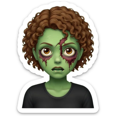 Zombie girl emoji verde com cabelo curto cacheado castanho com uma blusa preta sticker