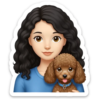 A girl with fair complexion with black long hair, dimples and brown eyes and miniature poodle sticker