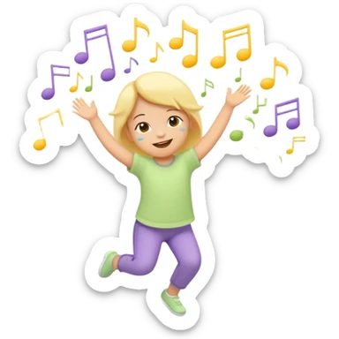 Flat illustration emoji of a small child dancing or moving joyfully to music, musical notes floating around, smiling expression, soft pastel colors (yellow, lavender, light green), rounded shapes, minimal details, child-friendly, warm and playful style sticker