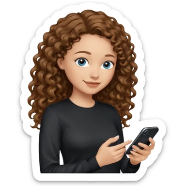 generate a pretty woman with blue eyes, light skin and medium brown long wavy/curly shiny hair holding a phone she is looking at the phone while looking down at the screen. she is wearing an ALL black long sleeve sticker