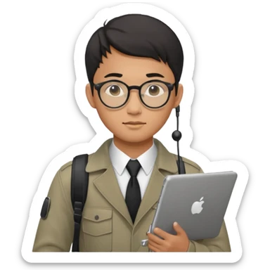 a asia man guy his 20s wearing an apple notebook, wearing bodyguard radio operator, round glasses, achromatic clothes sticker