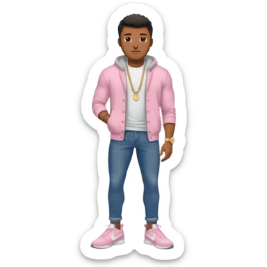 Handsome Black guy with brown skin tone, with muscular build, wearing dark denim jeans, a white t-shirt, pink and gray fuzzy cardigan, white Nike sneakers, a gold watch, and a dainty chain sticker