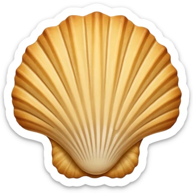 A madeleine pastry. Scalloped seashell shape with ONLY four to five vertical lines going in the same direction. Light golden brown. Scalloped edge. Cookie. Flat. Long. Oval shape. Lets scallops. sticker