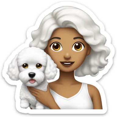 mujer piel blanca cabello negro con perro bichon blanco sticker