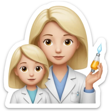 Mostre uma mulher vestida de jaleco branco, atendendo uma criança, expressão leve e detalhamento suave típico de emojis modernos. A cena deve ter um visual limpo, com sombras sutis e contornos suaves, mantendo o estilo cartoon 3D usado em emojis do iOS. Mantendo coerência com o estilo emoji.” sticker