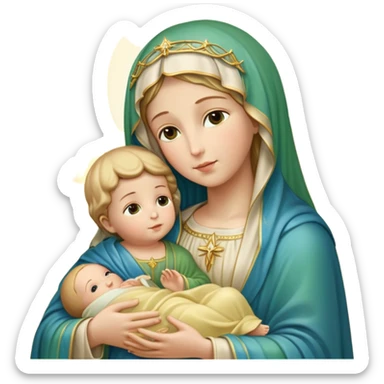 "A highly detailed iOS 18 emoji-style depiction of the Virgin Mary holding baby Jesus. Mary is wearing a green and blue mantle with a soft yellow veil, holding baby Jesus wrapped in a light yellow cloth. Both figures have soft, serene expressions and golden halos around their heads. The background is a glowing golden light with subtle clouds below them. Render in Apple emoji aesthetic — smooth, rounded shapes, bright pastel colors, glossy finish, minimalistic yet expressive, iconic emoji style. Maintain full fidelity to the original pose, colors, and facial features." sticker