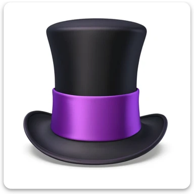 3D apple-style emoji of a tall vintage black top hat with a wide brim and a bright purple ribbon, smooth slightly glossy surface, simplified shapes, cartoon-like look, soft shadows, white background sticker