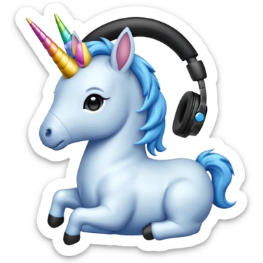 Unicornio bebé azul sentado escuchando música con auriculares negros sticker