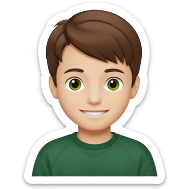 a smiling boy with brown hair and white skin with dark eyes and he is wearing a dark green sweatshirt sticker