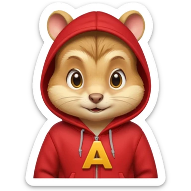 Portrait of a cartoon chipmunk with light brown and beige fur, wearing a red hoodie no zip with a yellow 'A' on it, big round eyes, small nose, and a mischievous grin, front-facing, stylized in animated movie style sticker