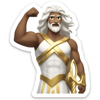 white Poseidon with gold Trident. long white hair white dress. show biceps muscle sticker