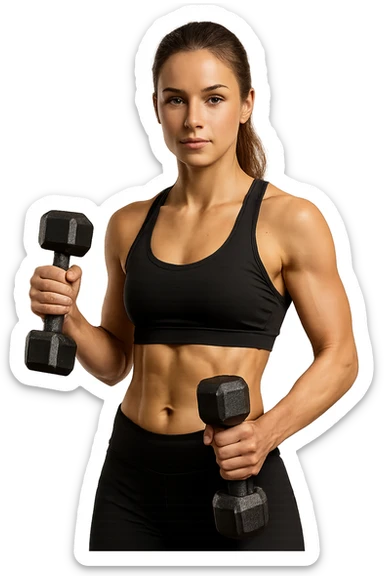 donna fitness in forma con manubri da palestra in mano, isolata su sfondo bianco sticker