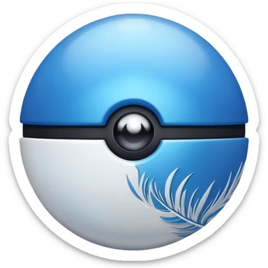 blue pokeball emoji, top half is a more saturated blue, bottom half is white, black stripe, with a white sheen, with a pearlescent finish, with a feather effect sticker
