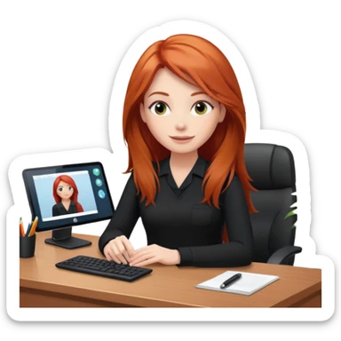 Video call therapy session: red-haired therapist with long hair wearing black minimalist clothing, seated in a professional home office, looking at the webcam; calm, modern teletherapy setting sticker