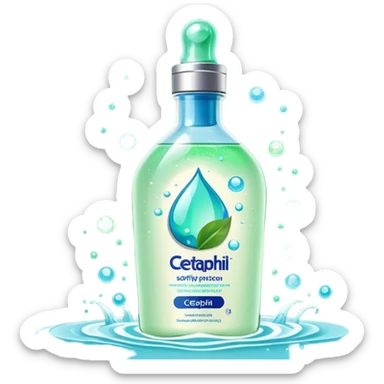 Cetaphil white bottle with light green flip cap and blue-green label, glowing softly. Surrounded by tiny light orbs and silky sparkles flowing like hydration waves. Feels like a gentle skin shield potion in a glossy, minimalist flask. sticker