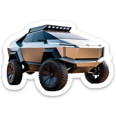 Tesla Cybertruck - A futuristic Tesla Cybertruck, angular and geometric with a sharp, triangular body shape. Stainless steel exoskeleton with a raw, unpainted, brushed-metal finish. A sleek, narrow LED light bar stretches across the entire front. Large, rugged off-road tires with exposed wheel arches. Smooth, handle-free doors and a slanted, armored rear with a retractable tonneau cover. Rear LED strip mirroring the front. The vehicle looks like a sci-fi-inspired, bulletproof stealth tank on wheels, set in a high-tech urban environment at sunset, with reflections on its metallic surface. sticker