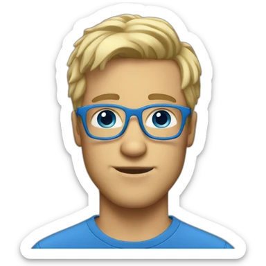White guy with blonde hair and blue glasses and a little scruff sticker