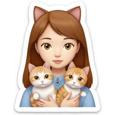 Asian girl, brown hair, brown eyes holding three cats one ginger, one yellow white one British short hair and cream colour sticker