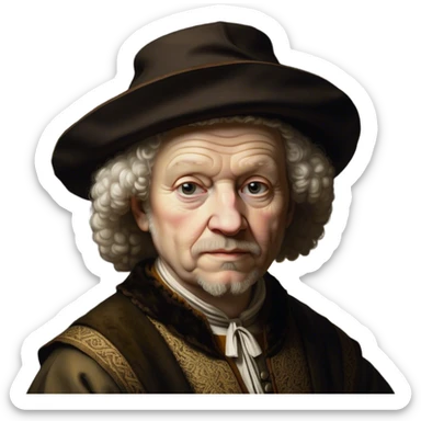 Cinematic Realistic portrait of Rembrandt, shown as a master artist with deep, introspective eyes and richly detailed period clothing, rendered with dramatic chiaroscuro lighting that emphasizes his legacy sticker