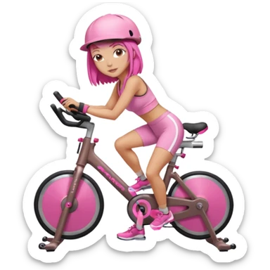 Light tan girl with a brown bob hat style with pink highlights in a pink workout set leaning on a indoor cycle bike, no helmet but add pink hair highlights  sticker
