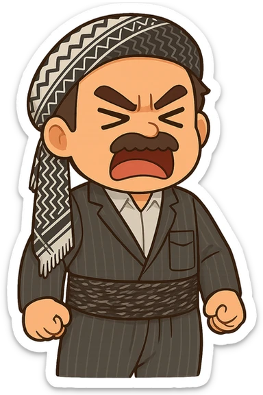 Cartoon sticker of a Kurdish man with the exact same clothes and scarf as the reference image, no changes to clothing or scarf. Face showing anger and rage with furrowed eyebrows and mouth either open or closed. Both hands clenched into fists at the sides of the body. Colorful and cheerful style, no shadows or color halos around the image, no text. Suitable for WhatsApp and Instagram, with a completely transparent background. sticker