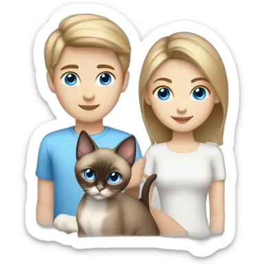 Brown short haired girl with blond boy blue eyes and blued eyes Siamese cat sticker