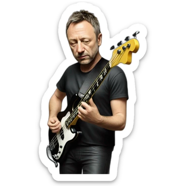 photo realistic Peter Hook from Joy Division, playing black bass guitar, standing, full body front view sticker