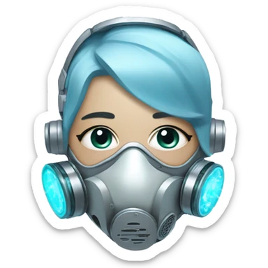 Pastel blue hair cyborg with silver respirator mask and circuits sticker