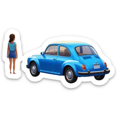 A parked blue car sits quietly on the side of an open road, facing a breathtaking sunset. Two people stand outside, backs turned, watching the horizon. The road stretches endlessly ahead, surrounded by a peaceful, glowing landscape full of light, warmth, and possibilit sticker