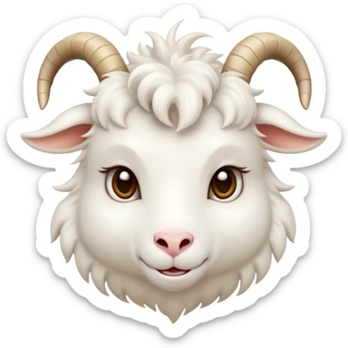 cinematic-cute-white-goat-portrait-emoji,-head-tilted-playfully-and-inquisitively,-featuring-a-fluffy,-immaculate-white-fur-with-charming-curved-horns,-round,-sparkling-eyes-filled-with-gentle-curiosity,-simplified-yet-irresistibly-adorable sticker