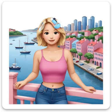 jennifer lawrence, pink crop top, and blue jeans, leaning on a balcony with a harbor and cityscape in the background, smiling sticker