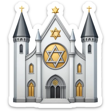 reform jewish synagogue similar in architecture to historical religious architecture in europe. the building should be white with silver/golden features, gothic architectural elements and star of david. no crosses. the emoji should be in ios emoji style. sticker