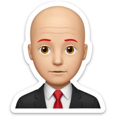 a bald man in a suit with a red tie sticker