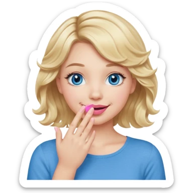 Girl Blonde short wavy hair,  blue eyes, cute blue top, long lashes, pink lips, smiling, hand covering the mouth sticker